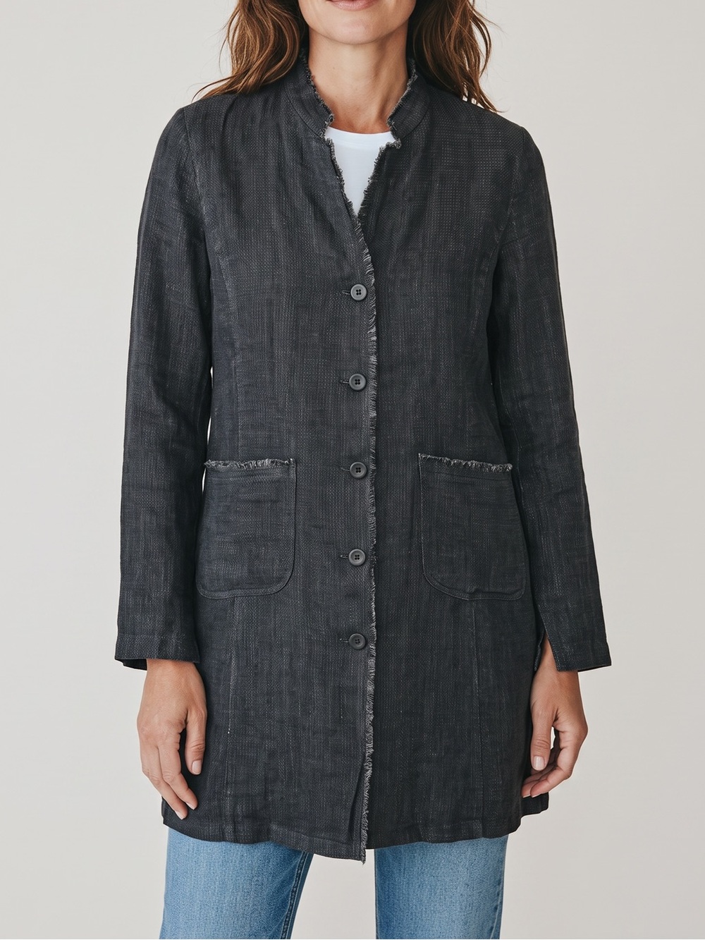 Eileen Fisher 100% Irish Linen Duster Coat Raw Edge Charcoal XS NWOT